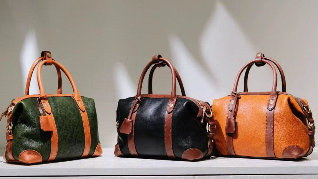 Dwarves Bags handmade vegetable tanned leather handbags in green, black, and tan