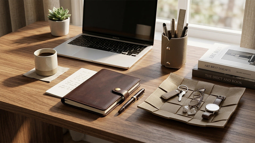A tidy home office wooden desk setup featuring a laptop, leather notebook, pen holder, and a leather valet tray holding daily essentials.