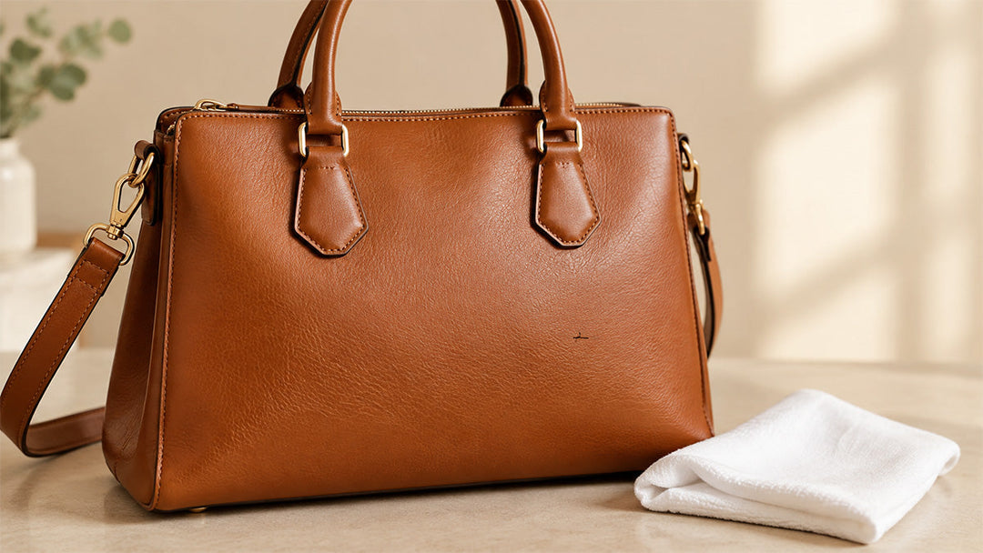 Small black ink stain on a cognac leather handbag beside a white cotton cloth ready for cleaning