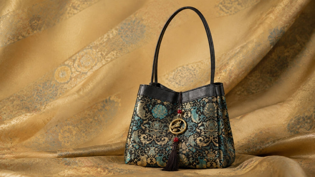 A luxury Song Brocade handbag with intricate golden and teal floral patterns displayed on a draped silk background.