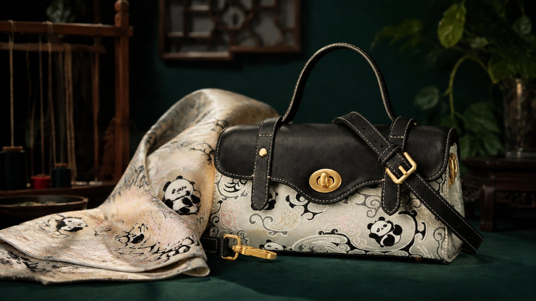 Dwarves Bags Shu Brocade handbag featuring traditional Chinese silk patterns.