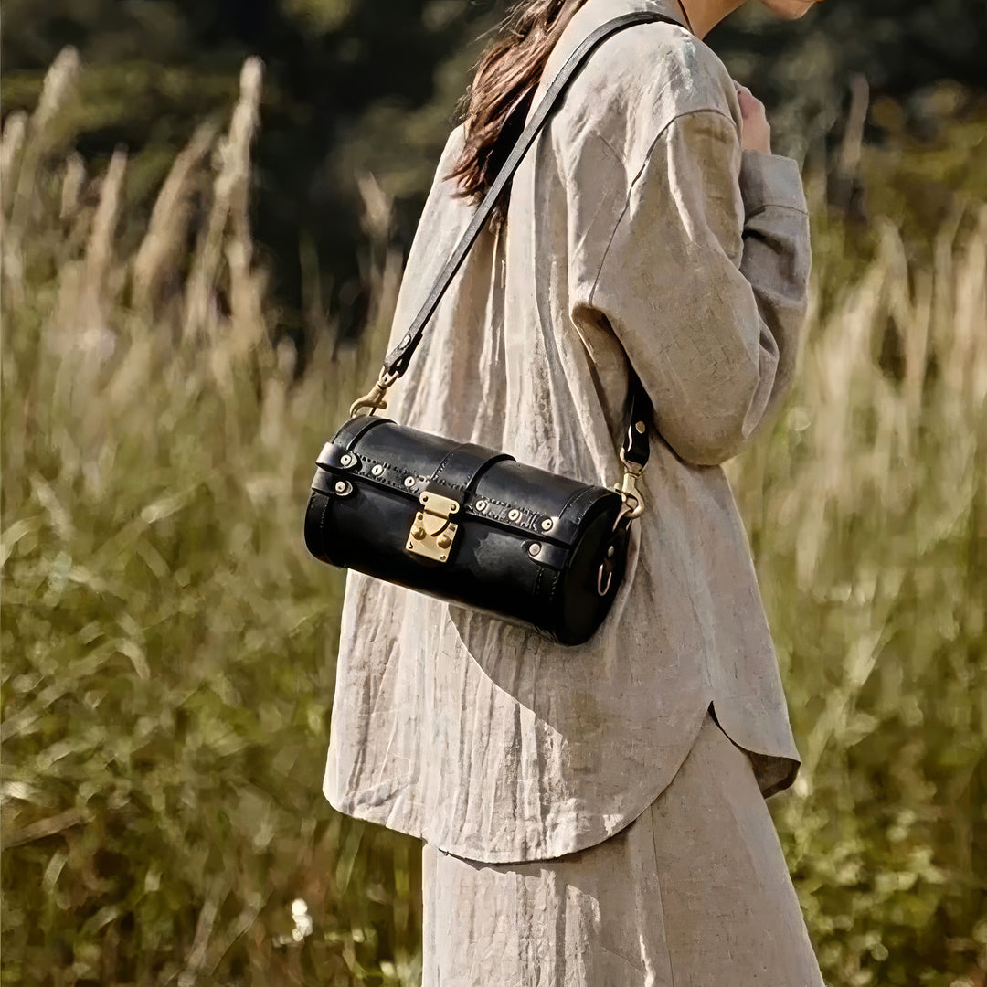 Vegetable Tanned Leather Barrel Bag Brown &amp; Green Dual Strap Crossbody