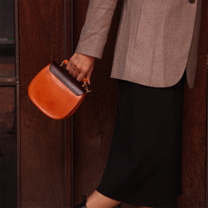 Handmade Full-Grain Leather Crossbody &amp; Top Handle Bag Classic Everyday Satchel in Black/Dark Brown