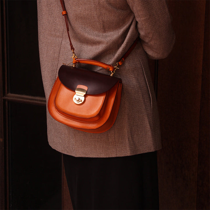 Handmade Full-Grain Leather Crossbody &amp; Top Handle Bag Classic Everyday Satchel in Black/Dark Brown