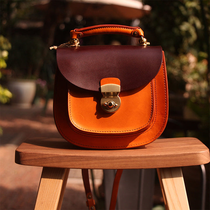 Handmade Full-Grain Leather Crossbody &amp; Top Handle Bag Classic Everyday Satchel in Black/Dark Brown