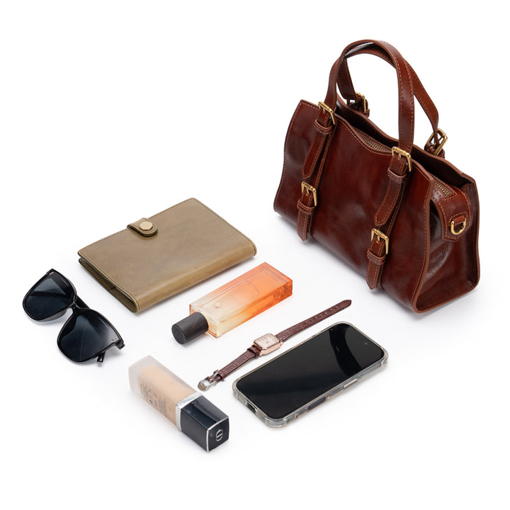 Leather Doctor Bag Washed Full Grain Cowhide Top Handle bag with Double Buckle Straps