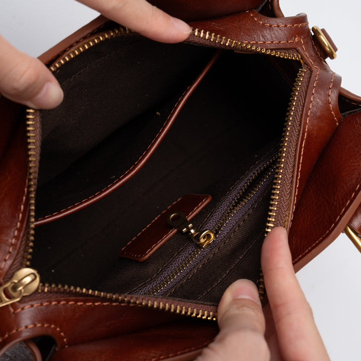 Leather Doctor Bag Washed Full Grain Cowhide Top Handle bag with Double Buckle Straps