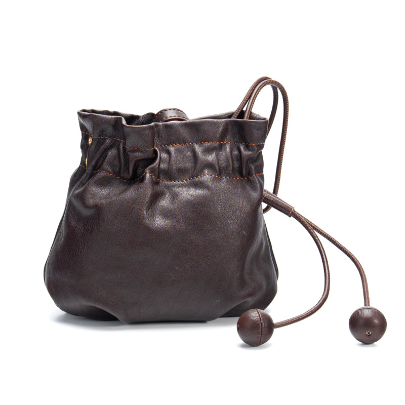 Drawstring Bucket Bag Horsehide Leather Shoulder Bag with Wooden Bead &amp; Magnetic Snap