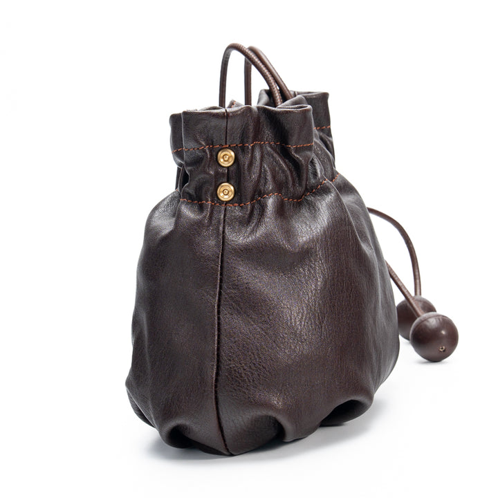Drawstring Bucket Bag Horsehide Leather Shoulder Bag with Wooden Bead &amp; Magnetic Snap