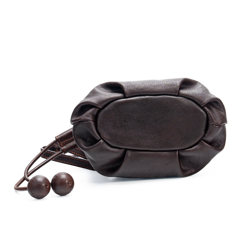 Drawstring Bucket Bag Horsehide Leather Shoulder Bag with Wooden Bead &amp; Magnetic Snap