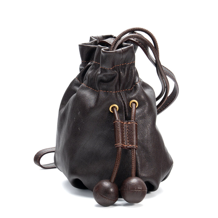 Drawstring Bucket Bag Horsehide Leather Shoulder Bag with Wooden Bead &amp; Magnetic Snap