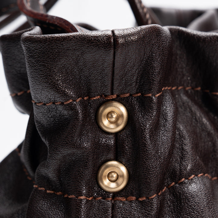 Drawstring Bucket Bag Horsehide Leather Shoulder Bag with Wooden Bead &amp; Magnetic Snap