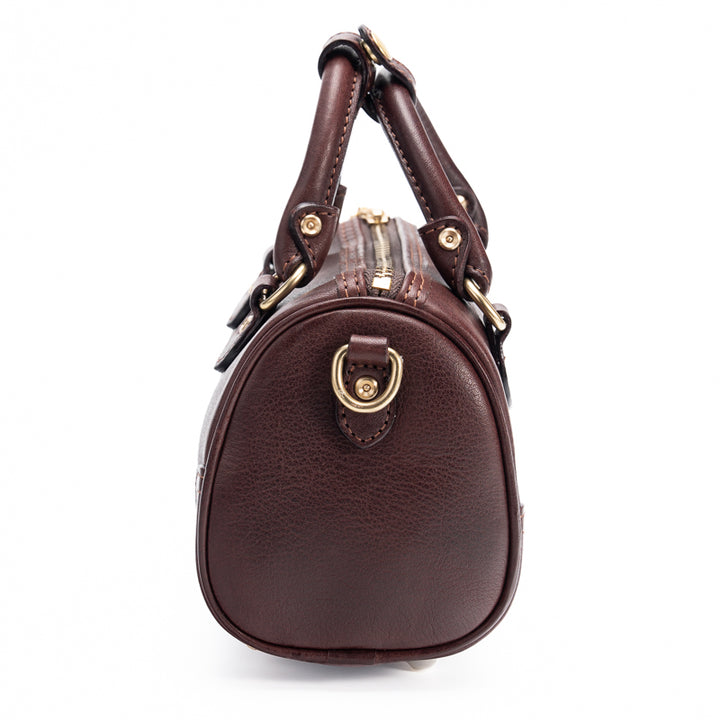 Mini Boston Bag Vegetable Tanned Leather Barrel Handbag with Gold Hardware