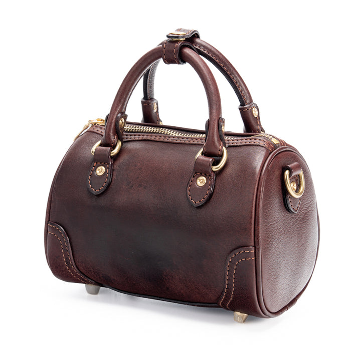 Mini Boston Bag Vegetable Tanned Leather Barrel Handbag with Gold Hardware