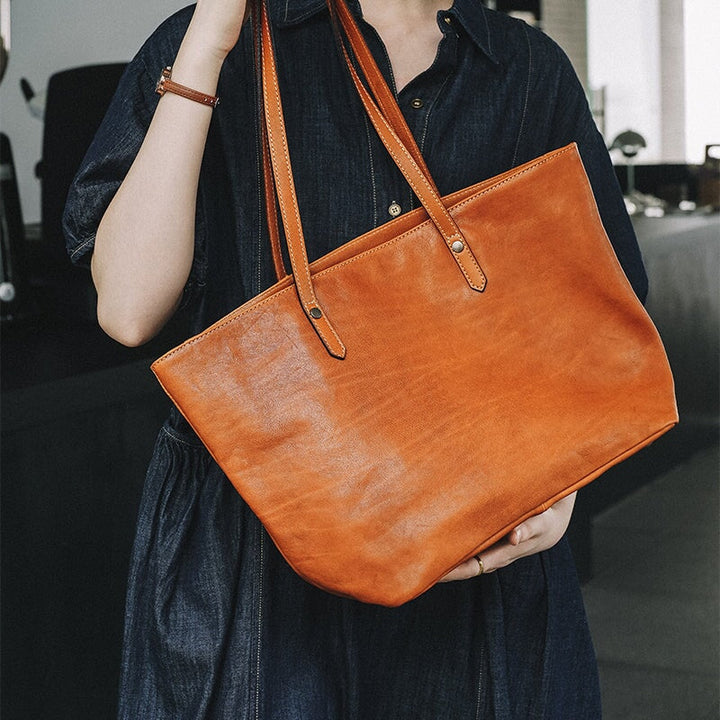 Sac à main cabas rétro en cuir de vachette grande capacité pour femme