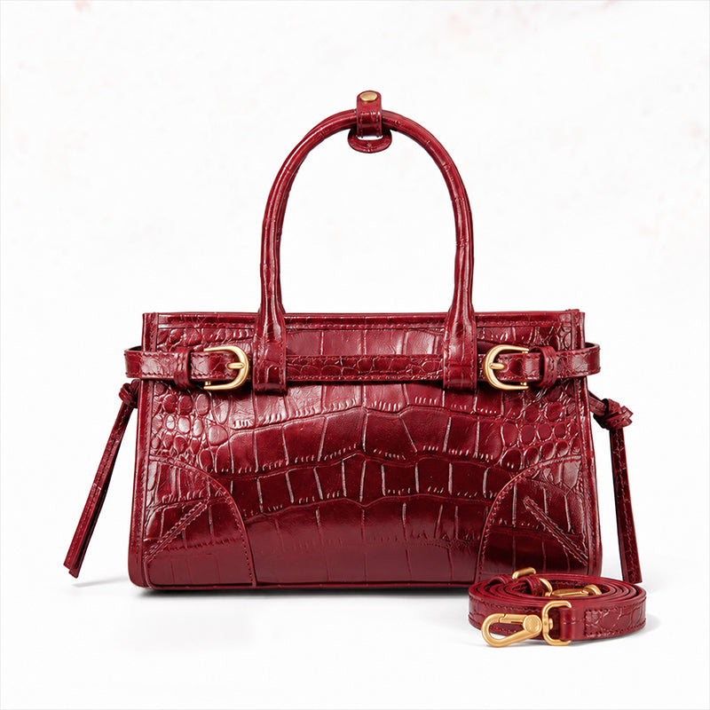 Leather Satchel Bag with Croc Embossing &amp; Detachable Shoulder Strap