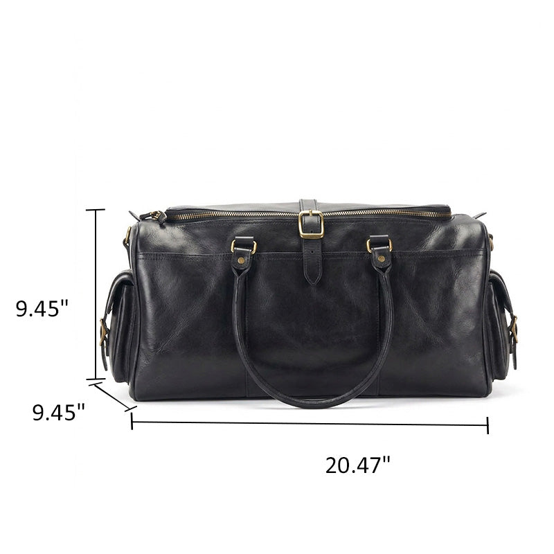 Leather Duffel Bag with Side Buckle Pockets Vegetable-Tanned Weekend Travel Bag