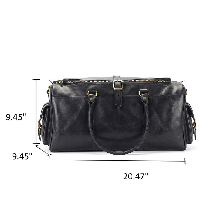 Leather Duffel Bag with Side Buckle Pockets Vegetable-Tanned Weekend Travel Bag