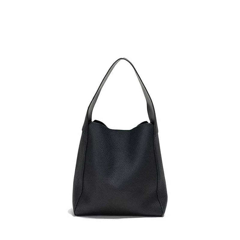 Leather Bucket Tote Bag Top Grain Beige Shoulder Bag with Removable Zip Pouch