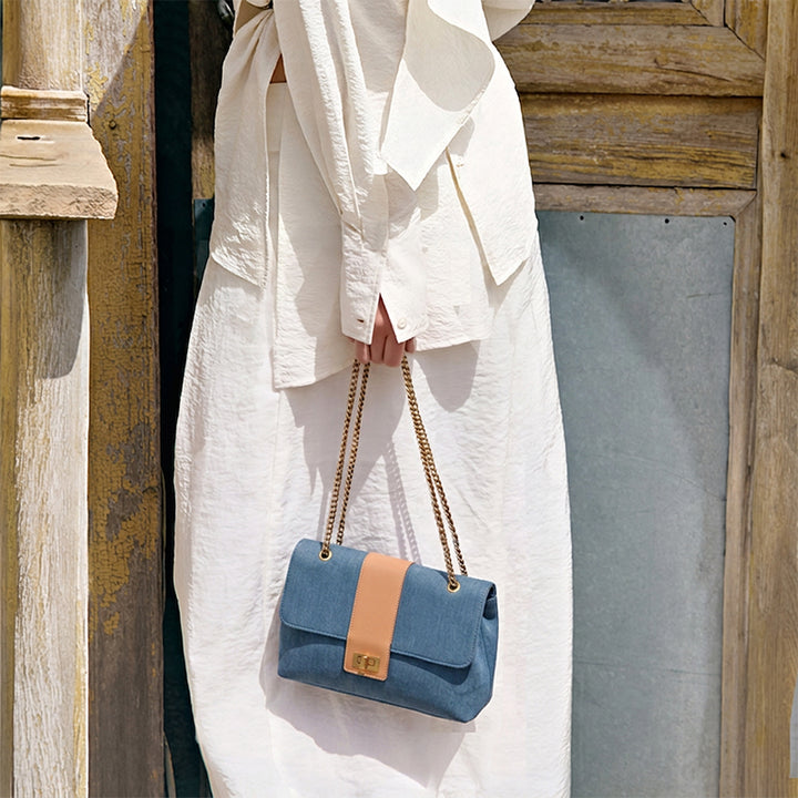 Denim Flap Bag Chain Strap Turn Lock Crossbody Shoulder Bag