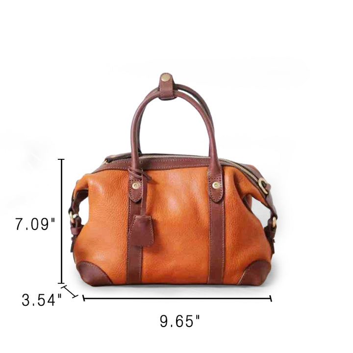 Vegetable Tanned Leather Barrel Bag Vintage Handbag with Detachable Strap for Women