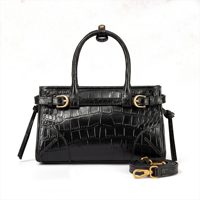 Leather Satchel Bag with Croc Embossing &amp; Detachable Shoulder Strap