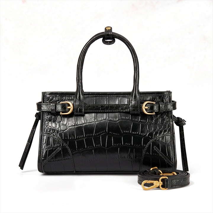 Leather Satchel Bag with Croc Embossing &amp; Detachable Shoulder Strap