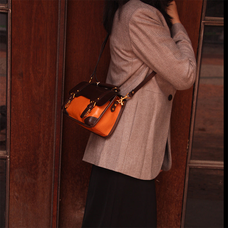 Color-Block Cambridge Bag Classic Full-Grain Leather Handbag in Yellow/Green/Brown