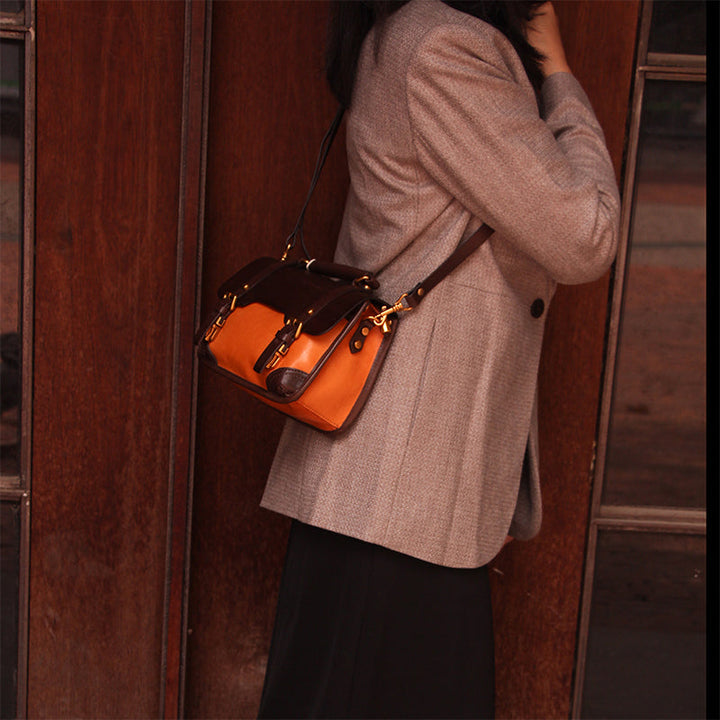 Color-Block Cambridge Bag Classic Full-Grain Leather Handbag in Yellow/Green/Brown