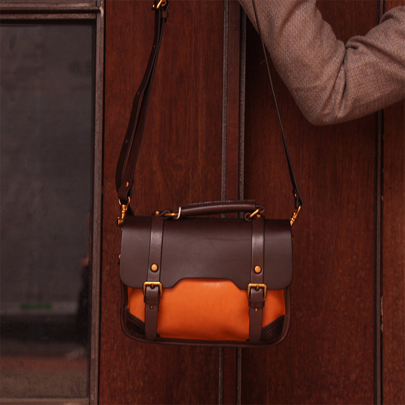 Color-Block Cambridge Bag Classic Full-Grain Leather Handbag in Yellow/Green/Brown