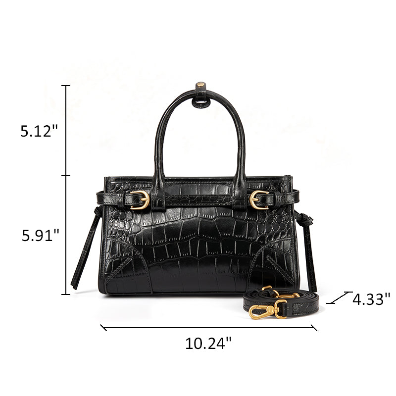 Leather Satchel Bag with Croc Embossing &amp; Detachable Shoulder Strap