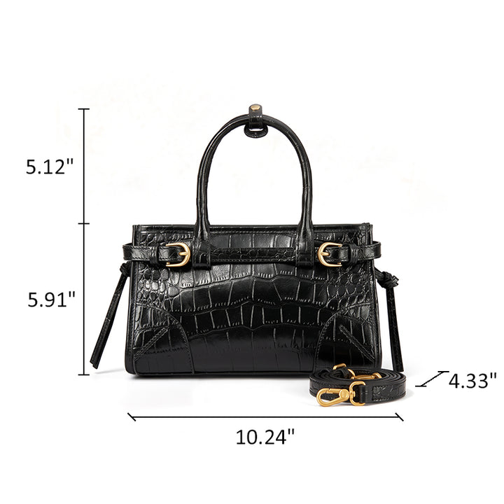 Leather Satchel Bag with Croc Embossing &amp; Detachable Shoulder Strap