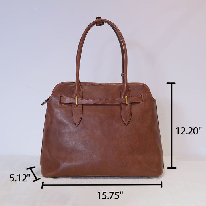 Leather Work Tote Bag with Belt Detail Vegetable Tanned Shoulder Bag for Women