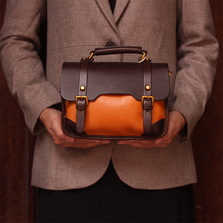 Color-Block Cambridge Bag Classic Full-Grain Leather Handbag in Yellow/Green/Brown