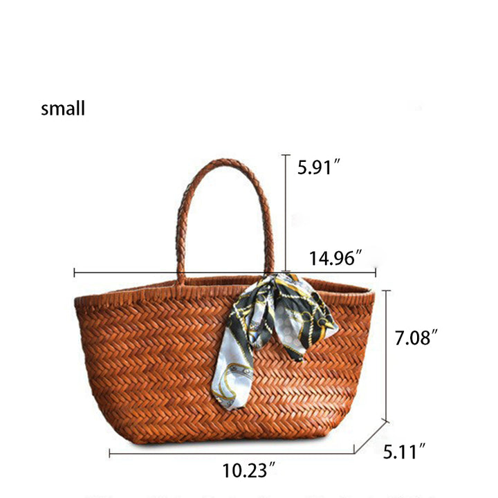 Sac à légumes tressé multicolore en cuir de vachette, doublure ajourée.