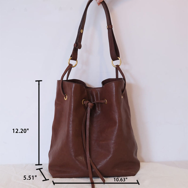 Vegetable Tanned Leather Drawstring Bucket Bag Soft Shoulder Hobo Bag