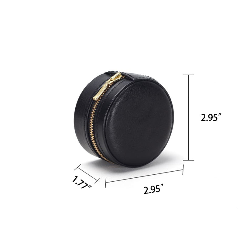 Small Round Leather Jewelry Box Vegetable Tanned Travel Organizer for Rings &amp; Earrings