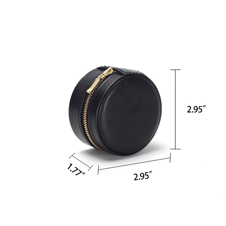 Small Round Leather Jewelry Box Vegetable Tanned Travel Organizer for Rings &amp; Earrings