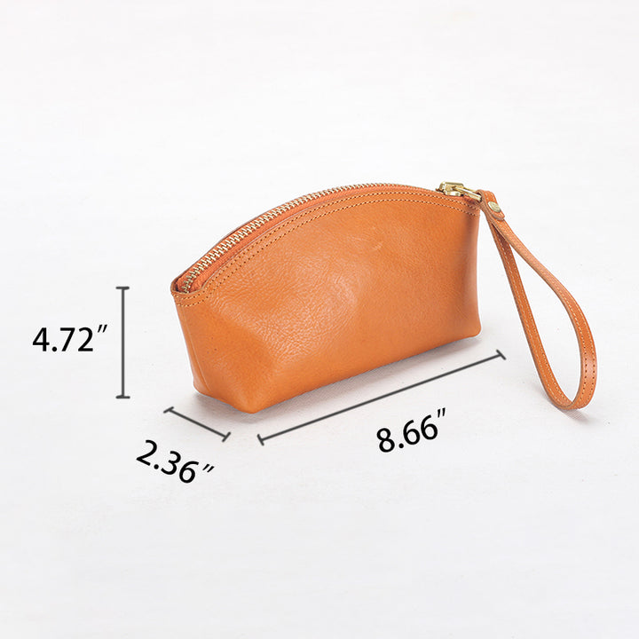 Leather Small Wristlet Clutch Bag Vegetable Tanned Dome Zip Pouch