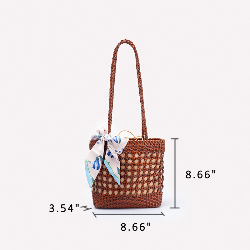Woven Leather Bucket Bag for Women Handmade Cowhide Drawstring Shoulder Bag