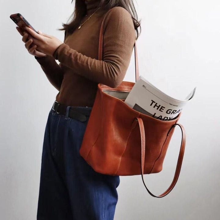 Sac à main cabas rétro en cuir de vachette grande capacité pour femme