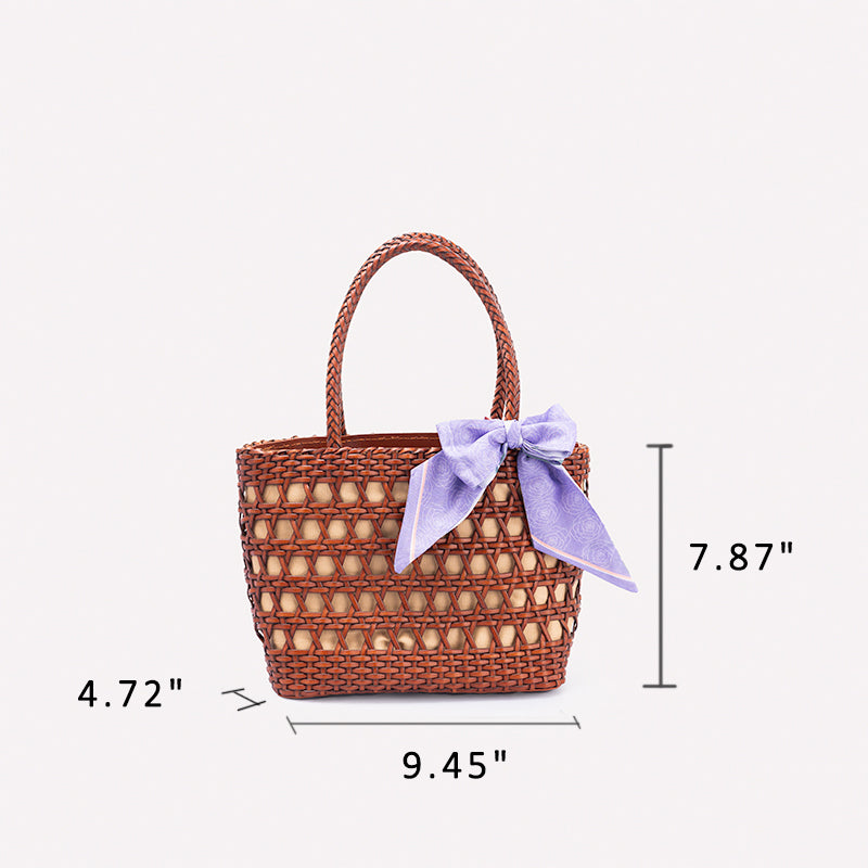 Woven Leather Tote Bag for Women Handmade Open Weave Cowhide Basket Handbag