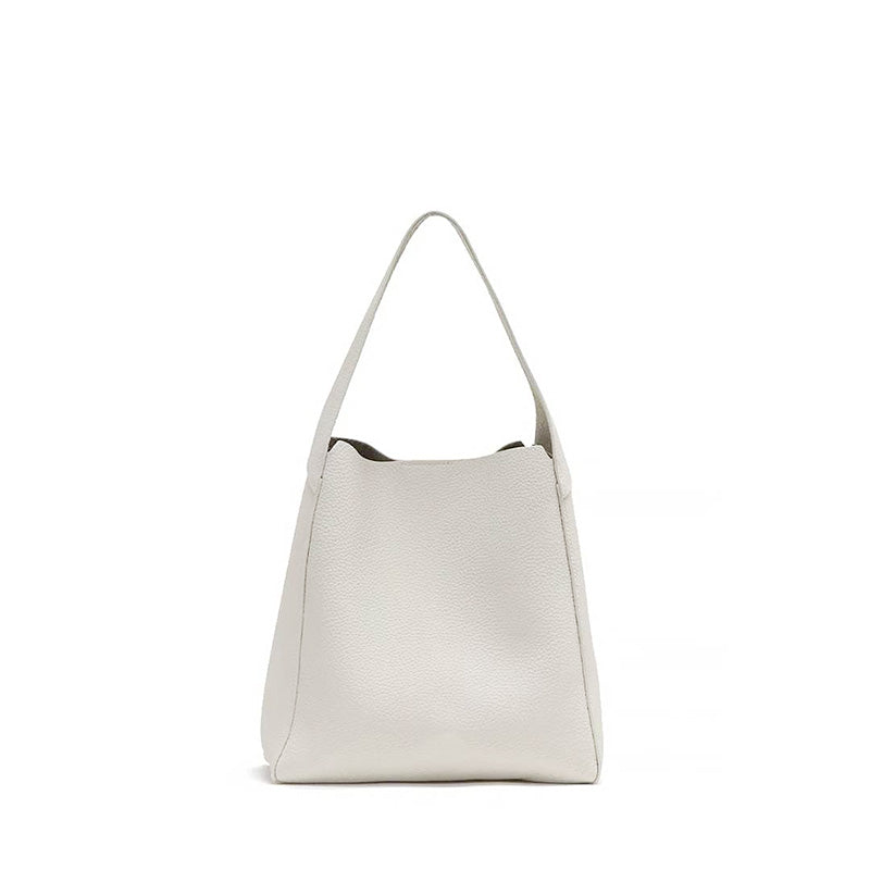 Leather Bucket Tote Bag Top Grain Beige Shoulder Bag with Removable Zip Pouch