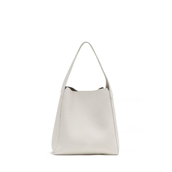 Leather Bucket Tote Bag Top Grain Beige Shoulder Bag with Removable Zip Pouch