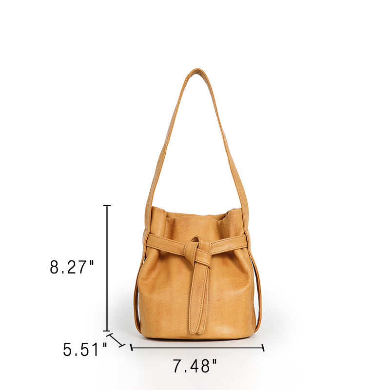 Soft Full-Grain Leather Bucket Bag with Knot Belt Drawstring Shoulder Bag