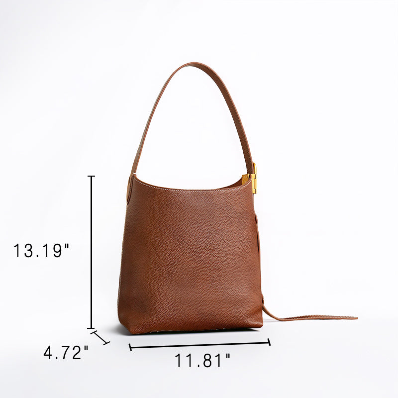 Slouchy Cowhide Leather Bucket Bag for Women Small Everyday Shoulder Tote in Brown