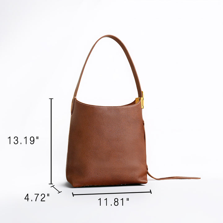 Slouchy Cowhide Leather Bucket Bag for Women Small Everyday Shoulder Tote in Brown