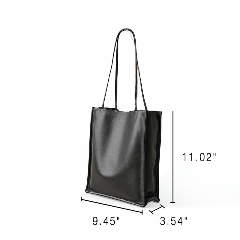 Soft Sheepskin Leather Tote Bag for Women Minimalist Lightweight Shoulder Bag in Black