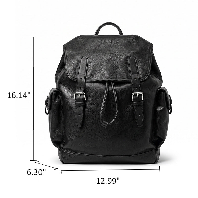 Vegetable Tanned Leather Drawstring Backpack Large Flap Rucksack for Women &amp; Men