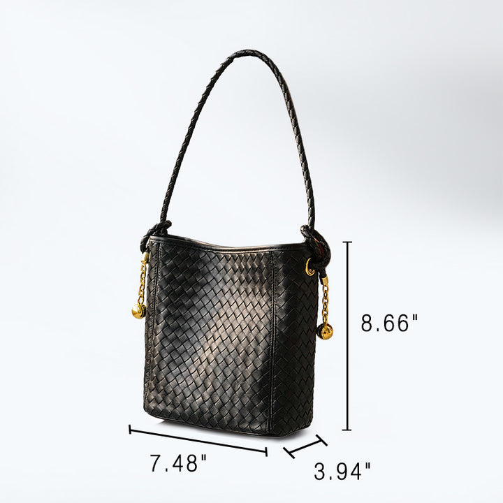 Handwoven Sheepskin Leather Bucket Bag for Women Checkerboard Shoulder Tote Bag